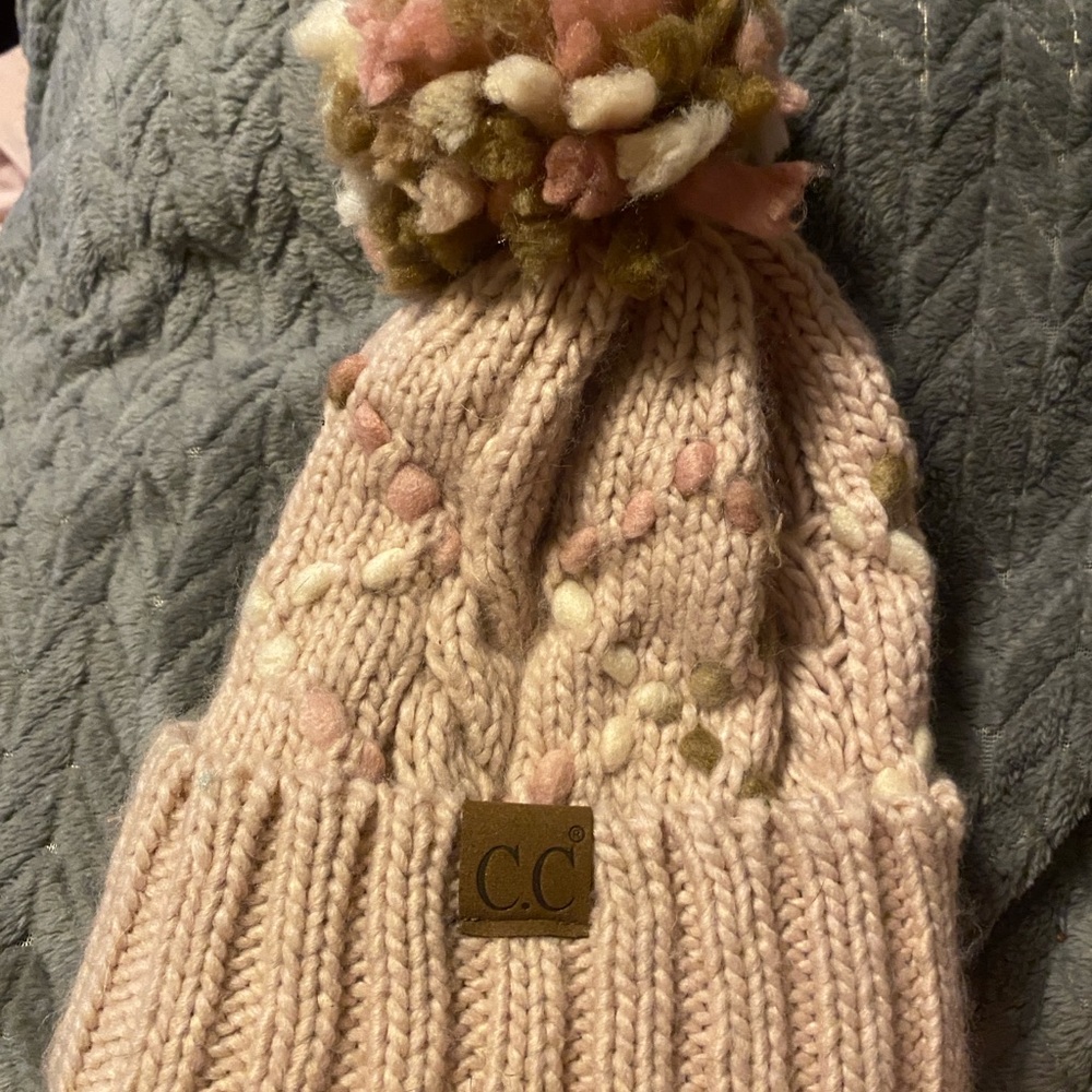 CC pink and Beige Knit Beanie with Pom-Pom